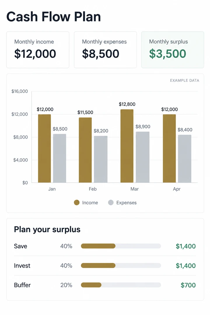Cash Flow Plan — illustrative planning interface with example data